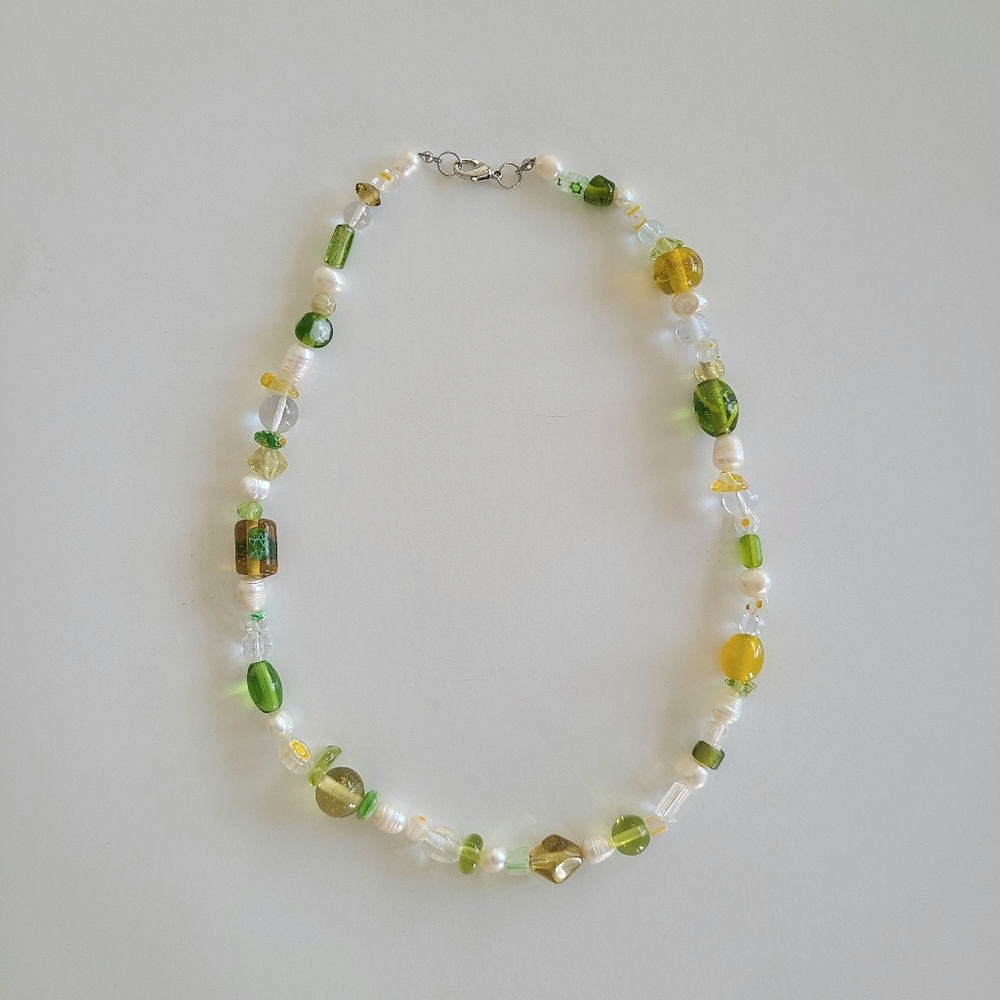 Green And Yellow Glass Bead Necklace With Freshwater Pearls